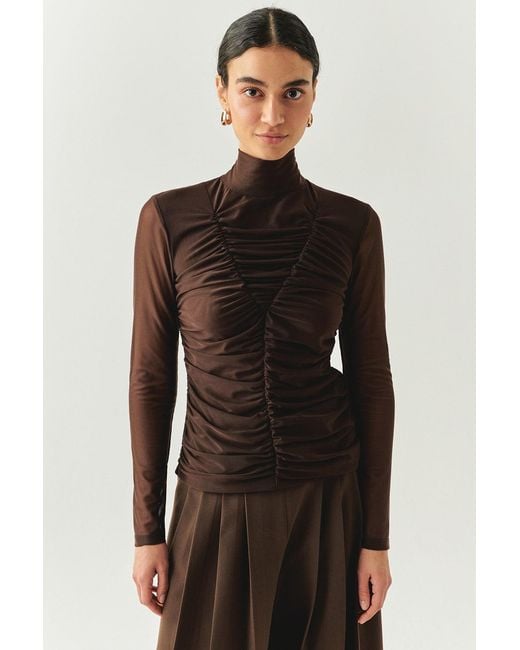 Exquise Black Drew Blouse Draped Mesh Turtleneck Blouse
