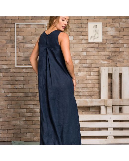 Nikka Place Blue Linen Loose Maxi Dress With Pockets