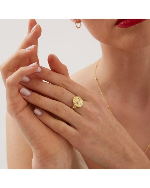 Spero London Yellow Sun And Face Embossed Sterling Ring