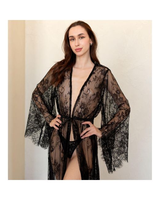 KÂfemme Gray Sexy Lingerie Peignoir Lace Kimono Robe
