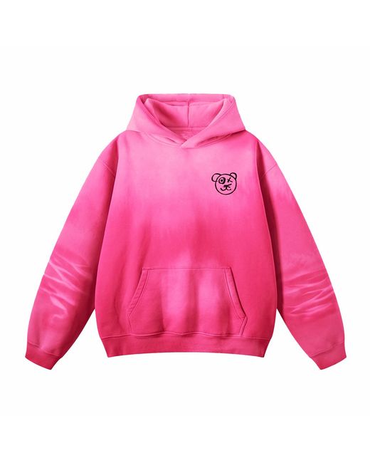 X Ilona Blue Pink Graffiti Teddy Bear Sun Fade Wash Cotton Fleece Fuchsia Hoodie