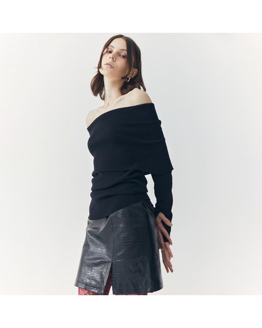 Ats the Label Blue Tess Croc Embossed Leather Mini Slit Skirt