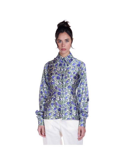 Sofia Tsereteli Blue Silk Shirt In Purple Botanica Print