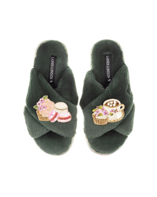 Laines London Green Classic Laines Slippers With Mother's Day Macaroon Brooches
