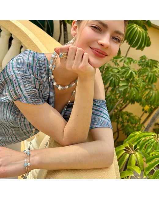 Farra Metallic Aquamarine With Baroque Pearls Double Layer Bracelet Or Choker