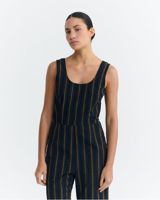 Thinking Mu Black Raflesia Striped Seersucker Jumpsuit