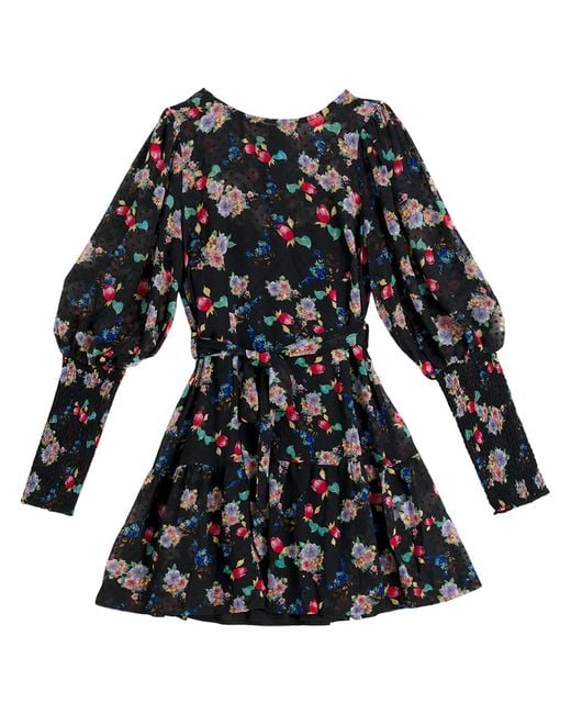 Louche Black Daphne Carpathian Florals Print Shirred Cuff Tie Waist Mini Dress
