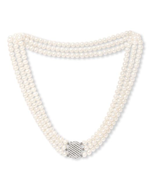 Pearls of the Orient Online White Stella Triple Strand Cultured Freshwater Pearl Necklace With Vintage Style Oval Pave