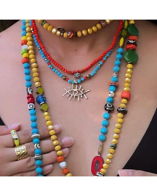 Ebru Jewelry Metallic Guardian Evil Eye Pendant Stone Beaded Necklace