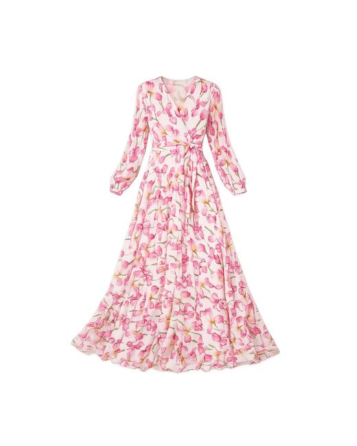 Yumi' Pink Neutrals Orchid Floral Pleated Wrap Maxi Dress
