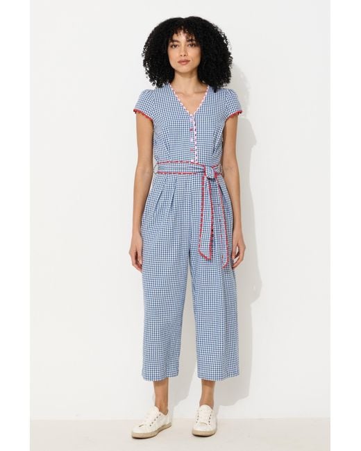 Louche Blue Marleen Gingham Ric Rac Trim Cropped Jumpsuit