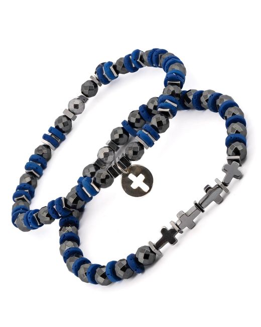 Ebru Jewelry Blue Good Vibes Spiritual Beaded Sterling Cross Bracelet Set for men