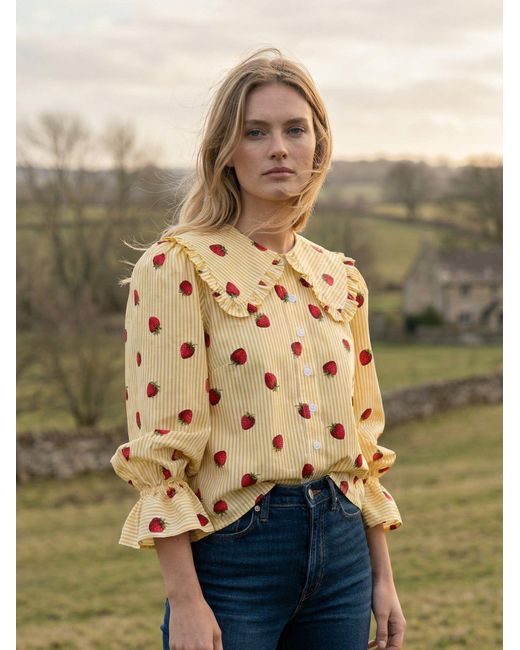 The Well Worn Metallic Strawberry Print Cotton Luna Blouse