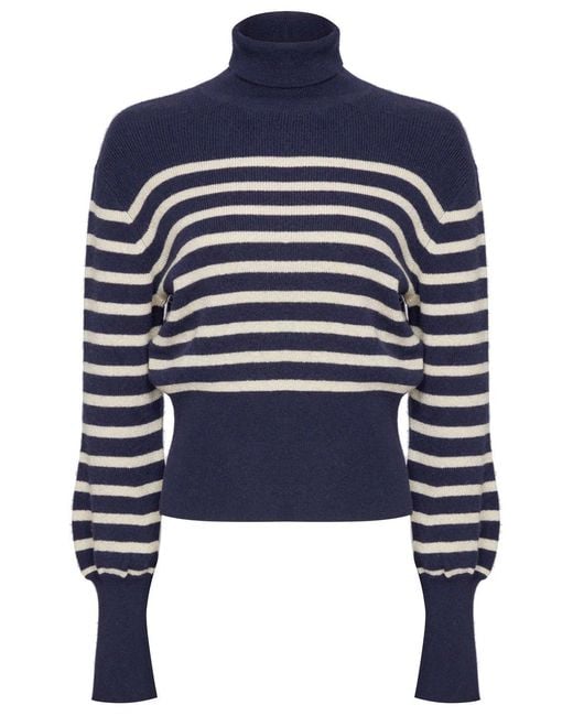 Guinea London Blue Cream Lurex Stripe Cashmere Roll Neck Jumper