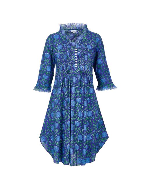 At Last Blue Annabel Cotton Tunic In Royal With & Green Flower
