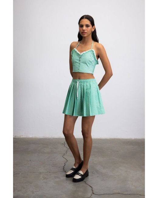 Je Te Veux Green Sweetheart Gingham Pleated Skirt