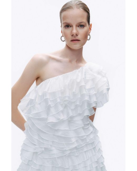 Nocturne White Ecru Mini Dress With Layered Ruffle Details