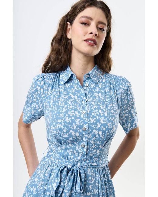 Louche Blue Inesa Negative Floral Print Short Sleeve Midi Shirt Dress