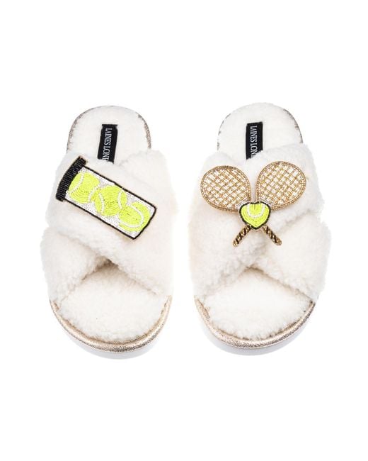 Laines London Metallic Neutrals Laines Neutral Boucle Slippers With Tennis Lover Brooches