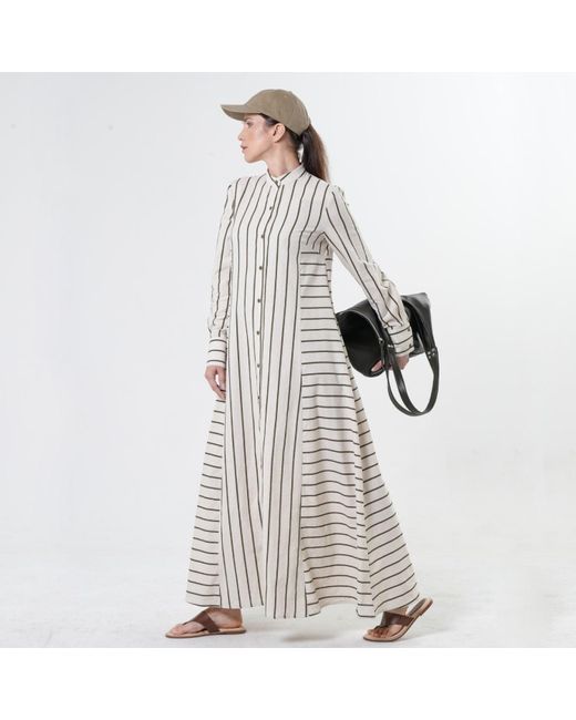 Metamorph White Striped Linen-Cotton Maxi Shirt Dress With Buttons- Khaki Stripes