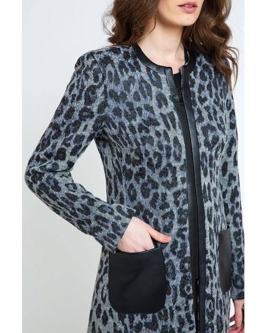 Conquista Black Animal Print Coat With Pleather Detail