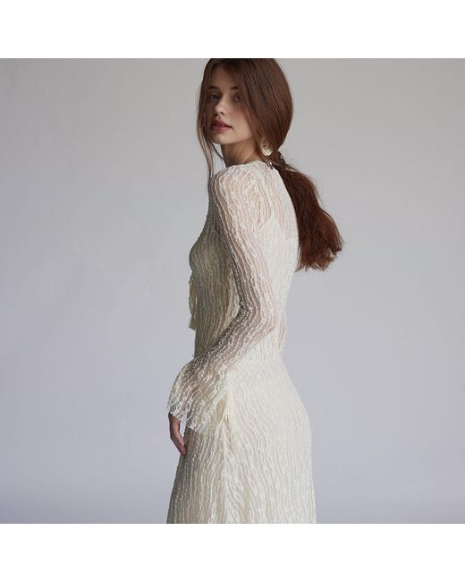 Belsize25 Natural Trumpet Dress Flared Sleeve Sheer Lace Knit Dress