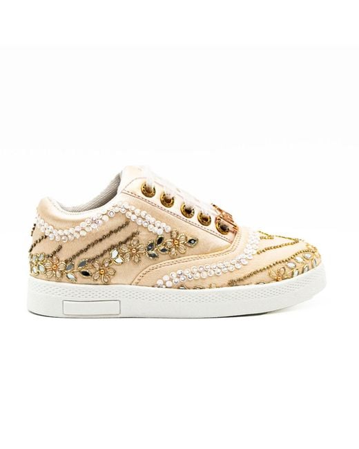 Rettrose Natural Neutrals Caroline Luxury Buttermilk Satin Handmade Embellished Tennis Shoe