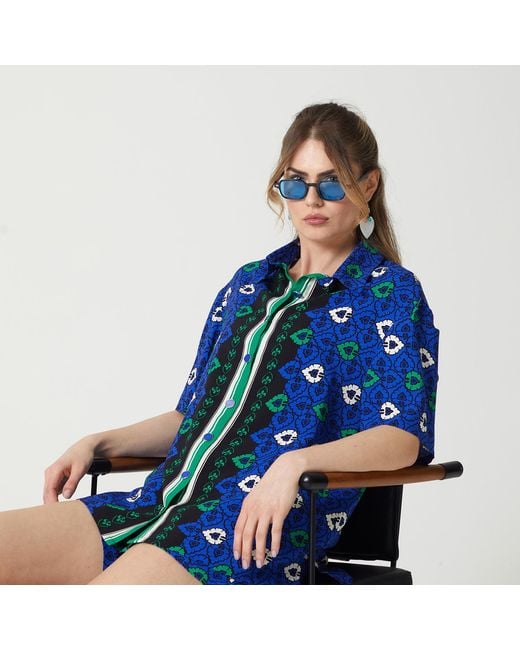 Lalipop Design Blue Abstract Print Viscose Short Sleeves Shirt & Crop Top Set