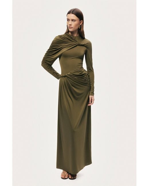 Nocturne Green Neutrals Draped Long Sleeve Maxi Dress
