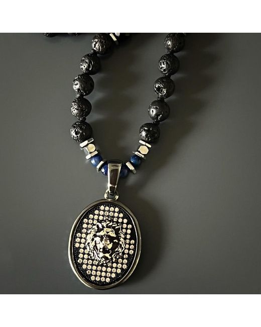 Ebru Jewelry Metallic Powerful Silver Black Lion Necklace for men