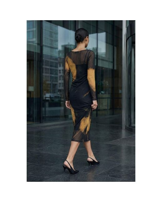 Modenaire Black Sheer Mesh Midi Dress With Abstract Print And Layered Slip