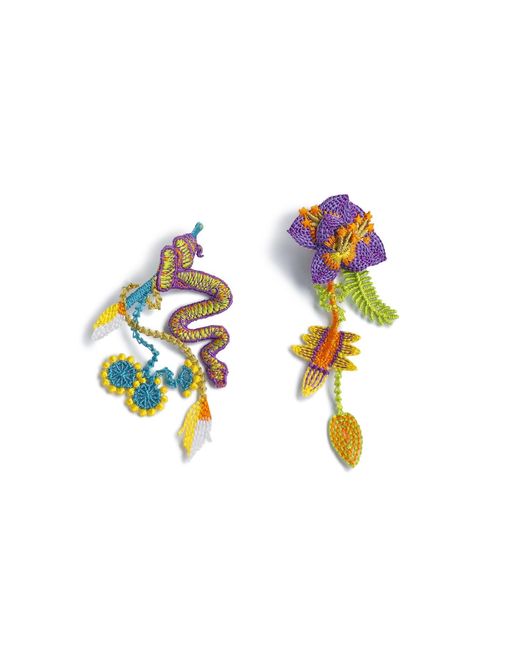 Nana Watanabe Multicolor Garden Snake Floral Embroidered Earrings