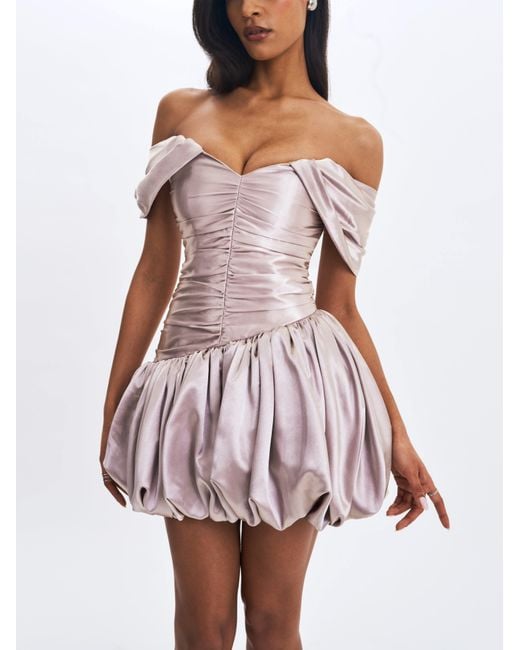 Miss Circle New York Gray Neutrals Milena Champagne Ruched Asymmetrical Bubble Mini Dress
