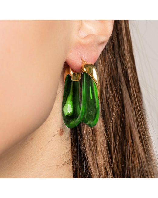 Gold & Honey Green Emerald Sculpted U Lucite Birthstone Hoop Earrings
