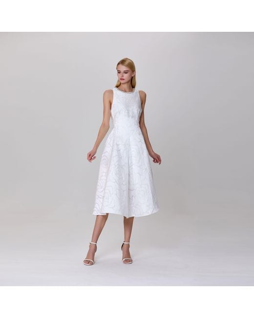 Smart and Joy White Fit-And-Flare Collar Trim Textured Jacquard Dress