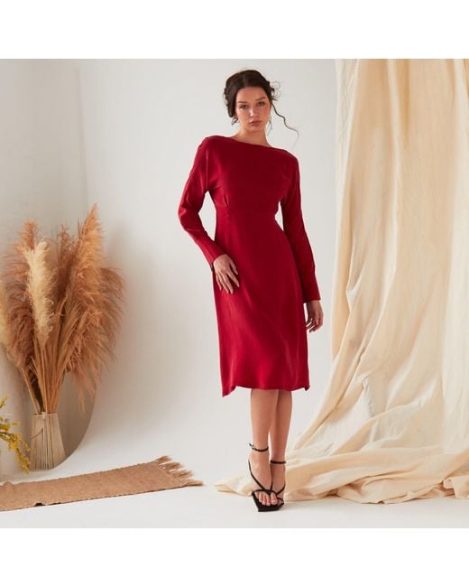 Sarvin Red Long Sleeve Midi Dress