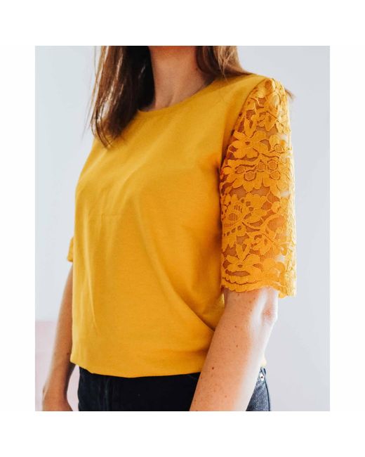 Sophie Cameron Davies Yellow Mustard Cotton Lace Sleeve T-Shirt