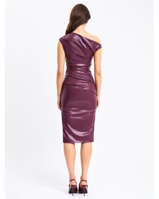 Miss Circle New York Purple Sabina Leather Slash Neck Midi Dress