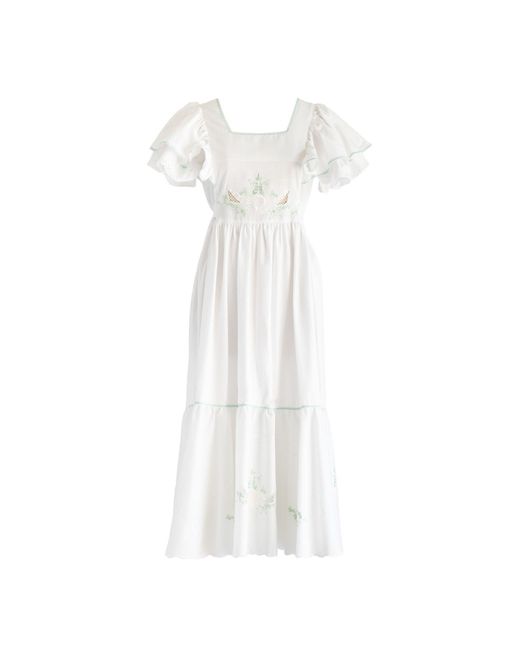 Sugar Cream Vintage White Re-design Upcycled Hand Embroidered Green Border Maxi Dress