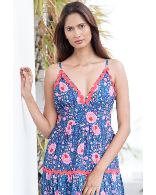 La Mandarine Blue Summer Maxi Dress With Pockets. Block Print Cotton Summer Maxi Dress Beatriz