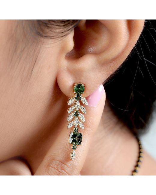 Artisan Green Tourmaline & Diamond In 18k Yellow Gold Leaf Design Dangle Earrings Jewelry