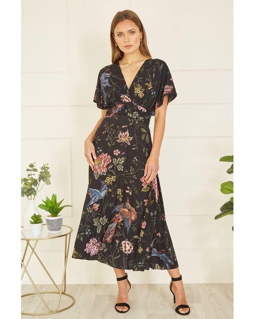 Yumi' Black Viscose Bird & Floral Print Kimono Midi Dress