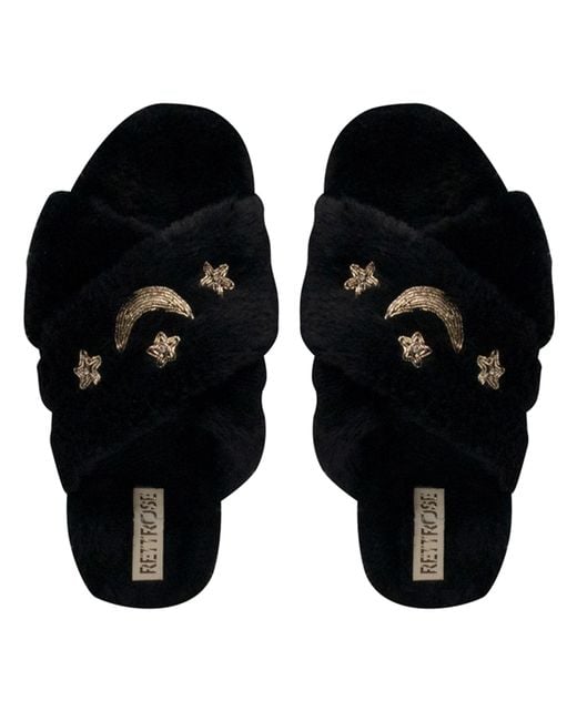 Rettrose Black Isabel Luxury Plush Diamanté Embellished Handmade Slipper
