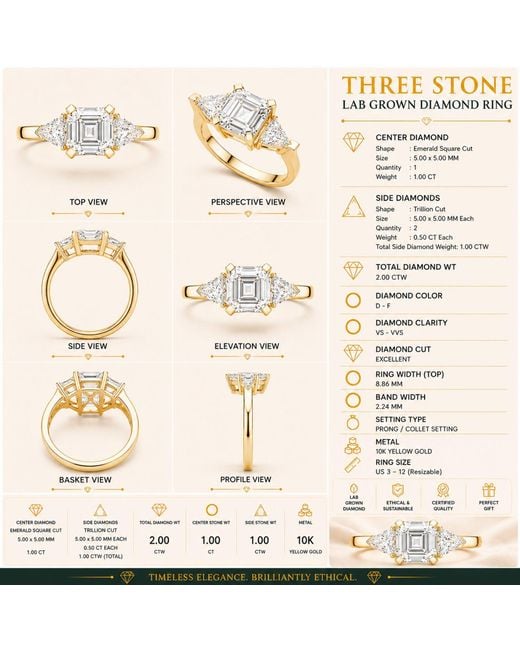 Aya Fine Jewelry Metallic 2 Carat Emerald & Trillion Cut Lab Grown Diamond Engagement Ring