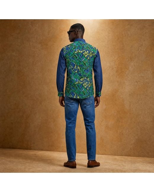 Ohema Ohene Blue Denim & African Print Cotton Shirt- Floral for men