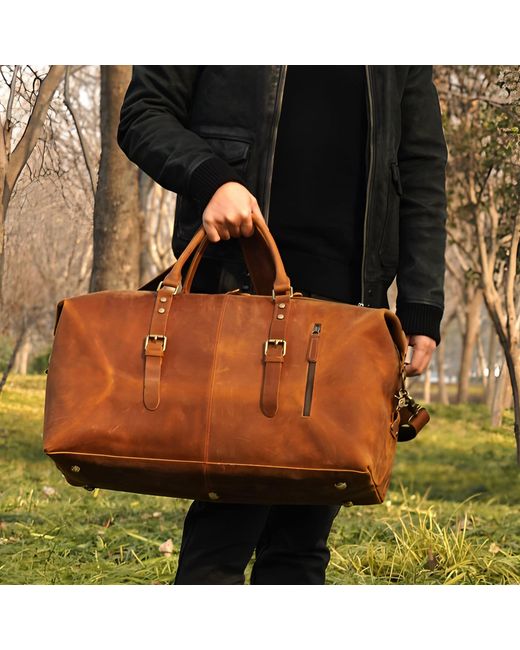 Touri Orange Zip Detail Genuine Leather Holdall for men
