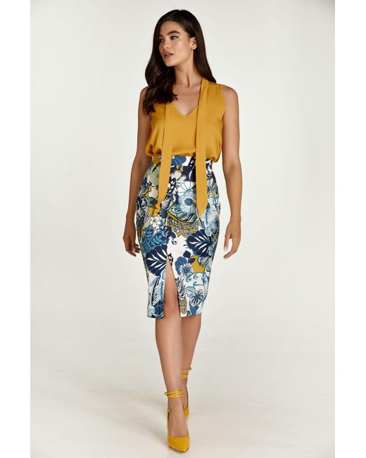 Conquista Blue Floral Cotton Pencil Skirt In Shades