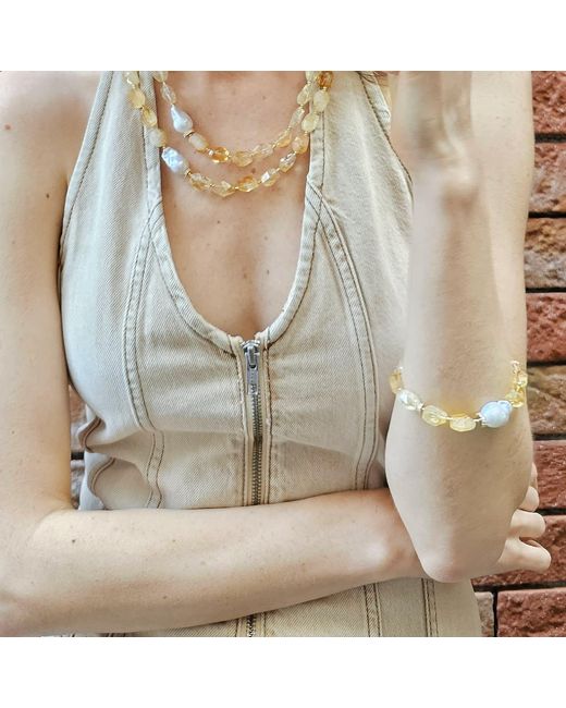 Farra Metallic Faceted Citrine With Baroque Pearl Adjustable Bracelet