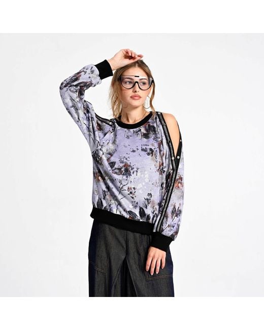 Lalipop Design Blue Floral Print Sweatshirt With Snap-Button Shoulder Detail