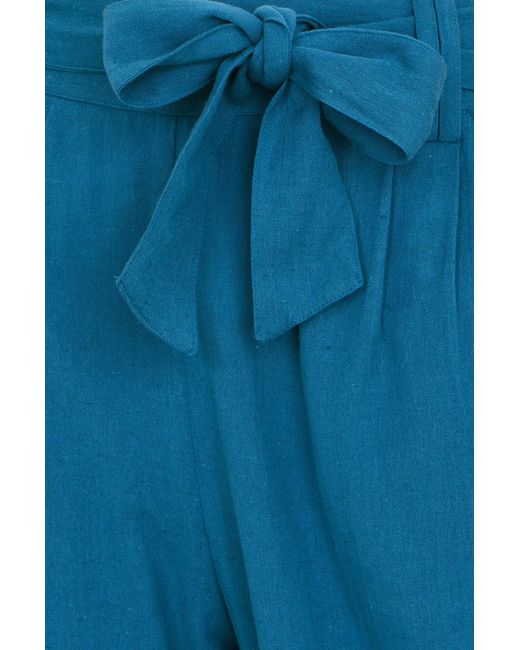 Yumi' Blue Linen Mix Cropped Trousers With Tie Belt